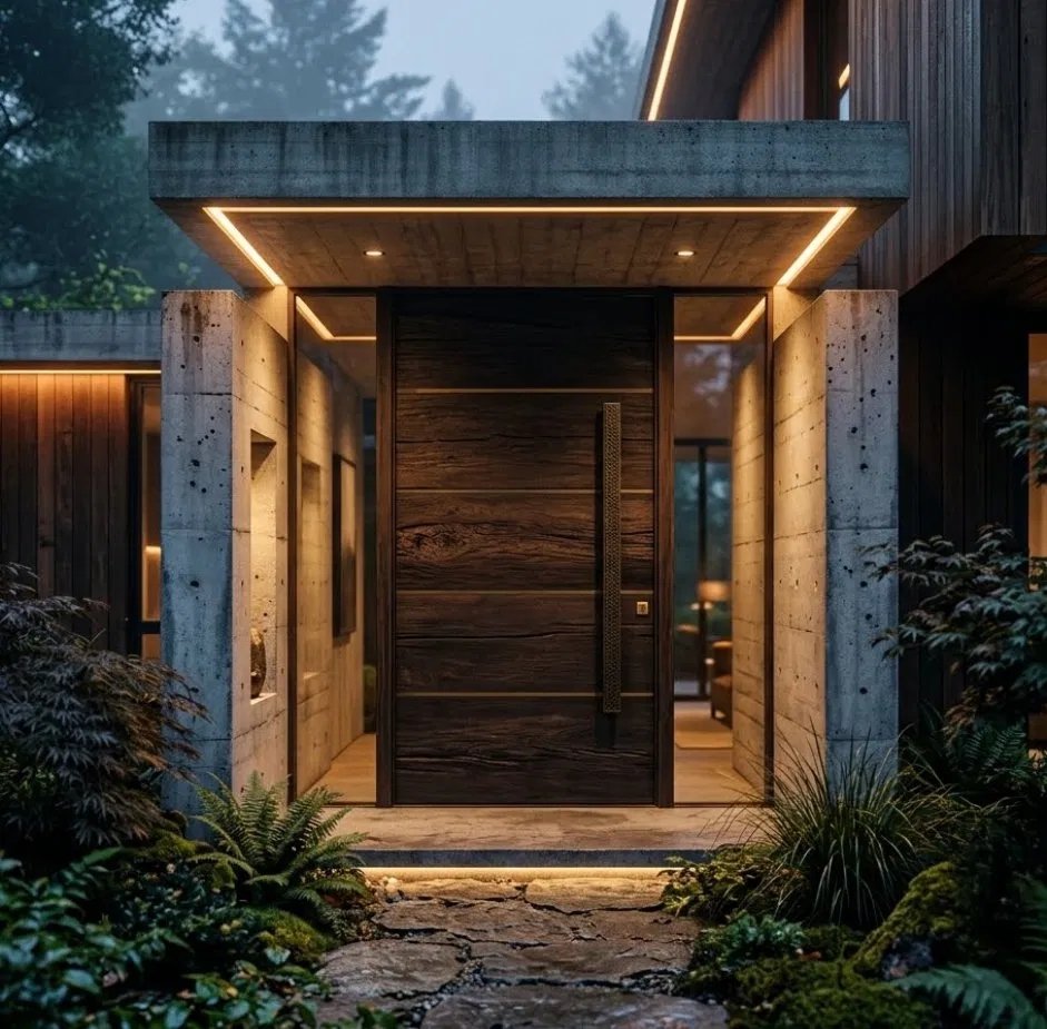 Photorealistic estate entrance with modern cantilevered structure nestled in thick green pine forest