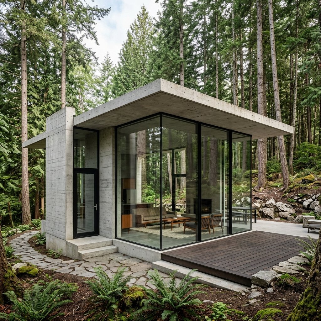 Canopy Pavilion glass and timber exterior integrated in deep pine forest