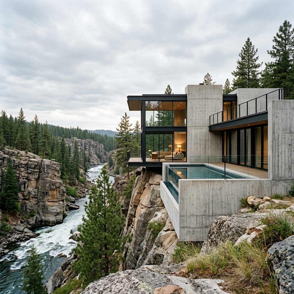 Modern organic architecture overlooking rapids and dense pine trees