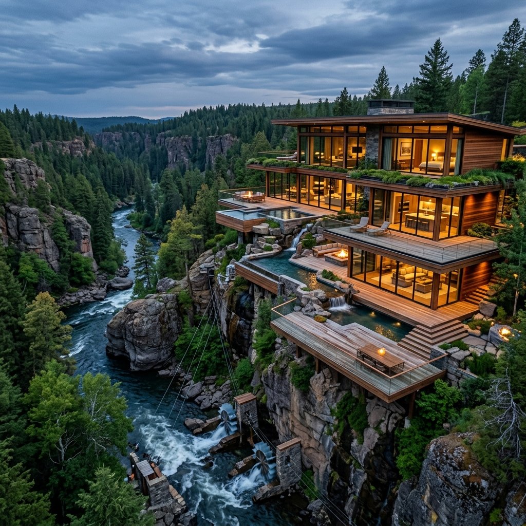Riverine cliff-hanger structure over rapids